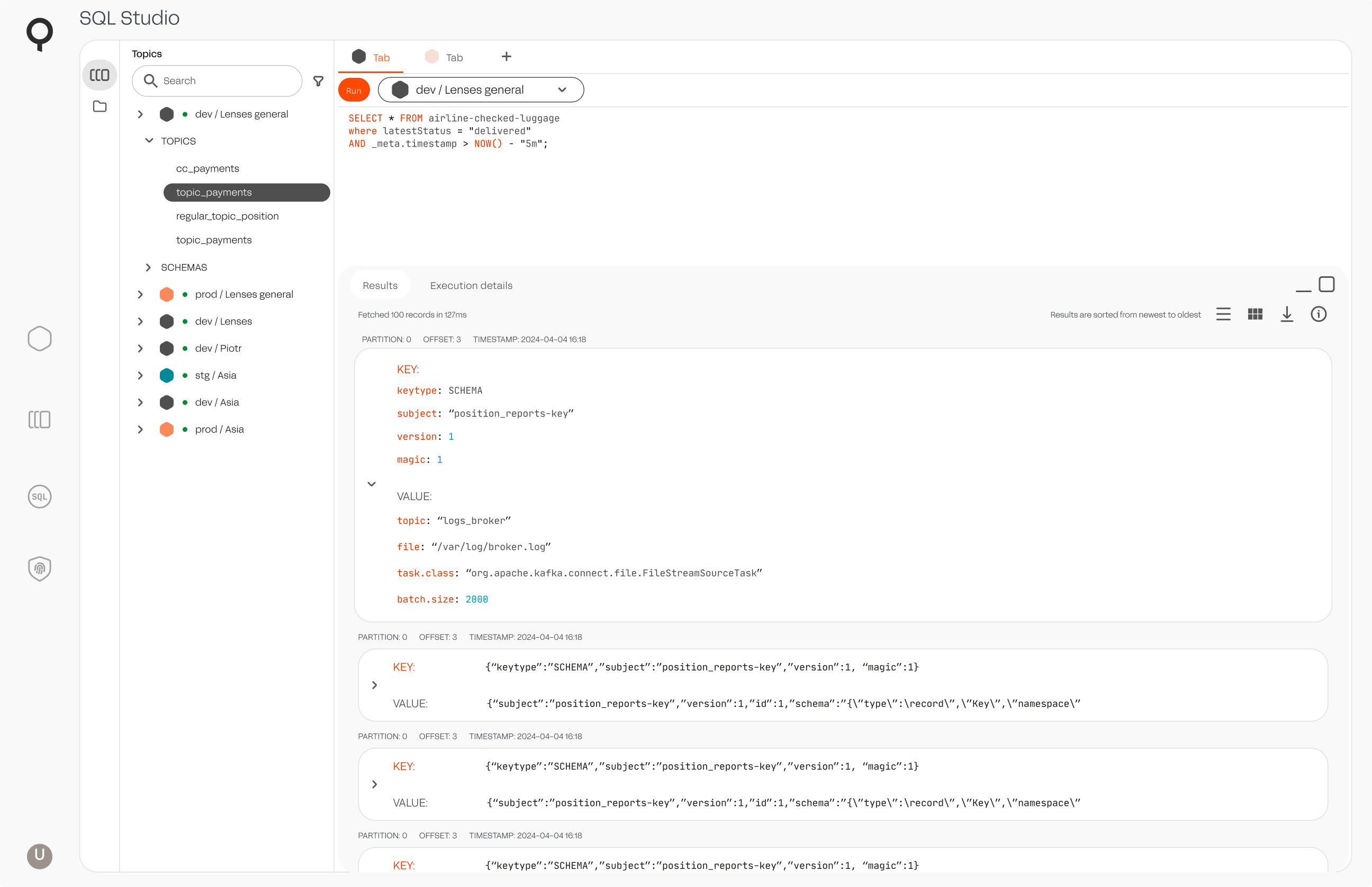 Lenses SQL Studio query editor and record inspection