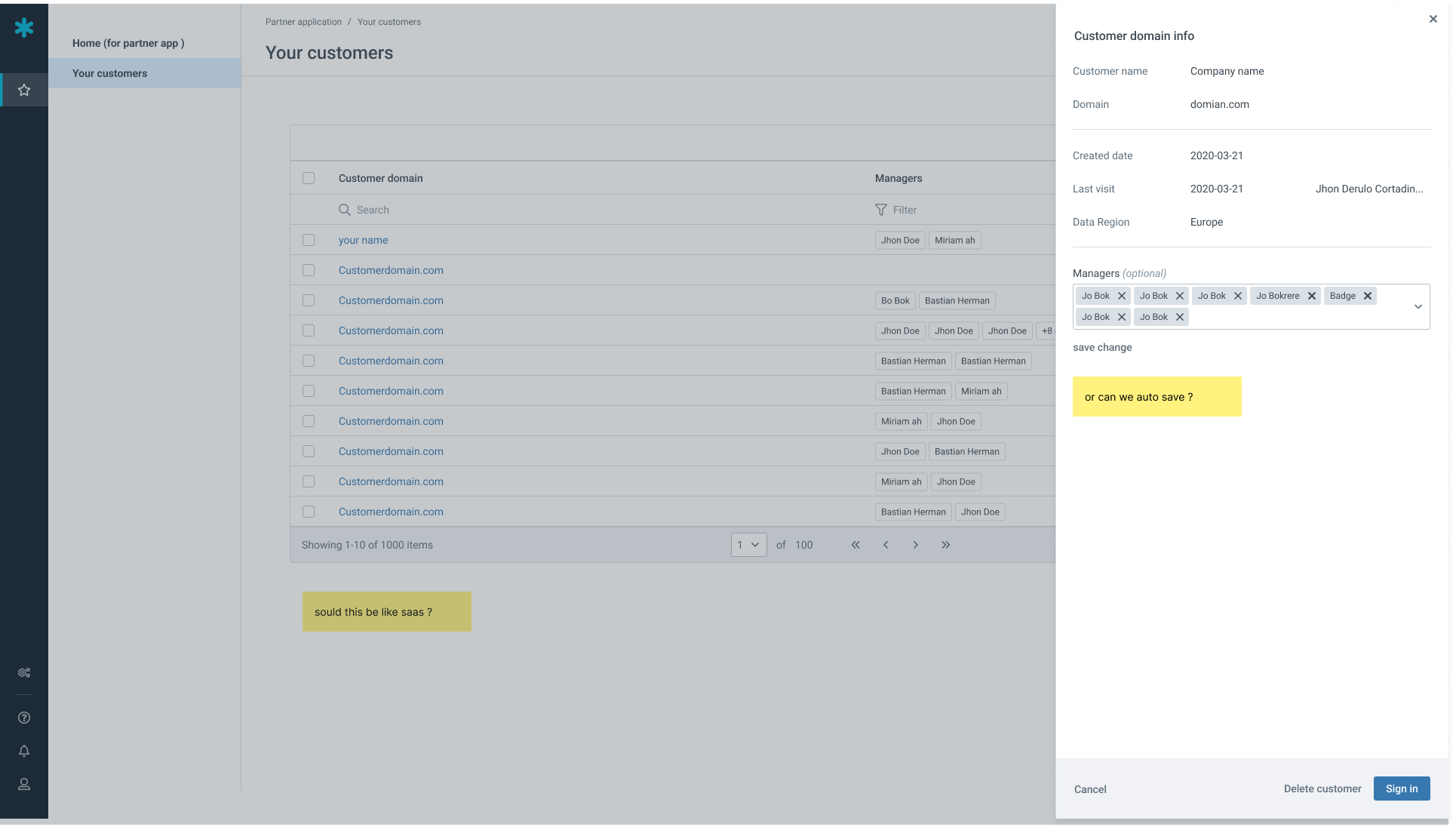 Customer details and managers