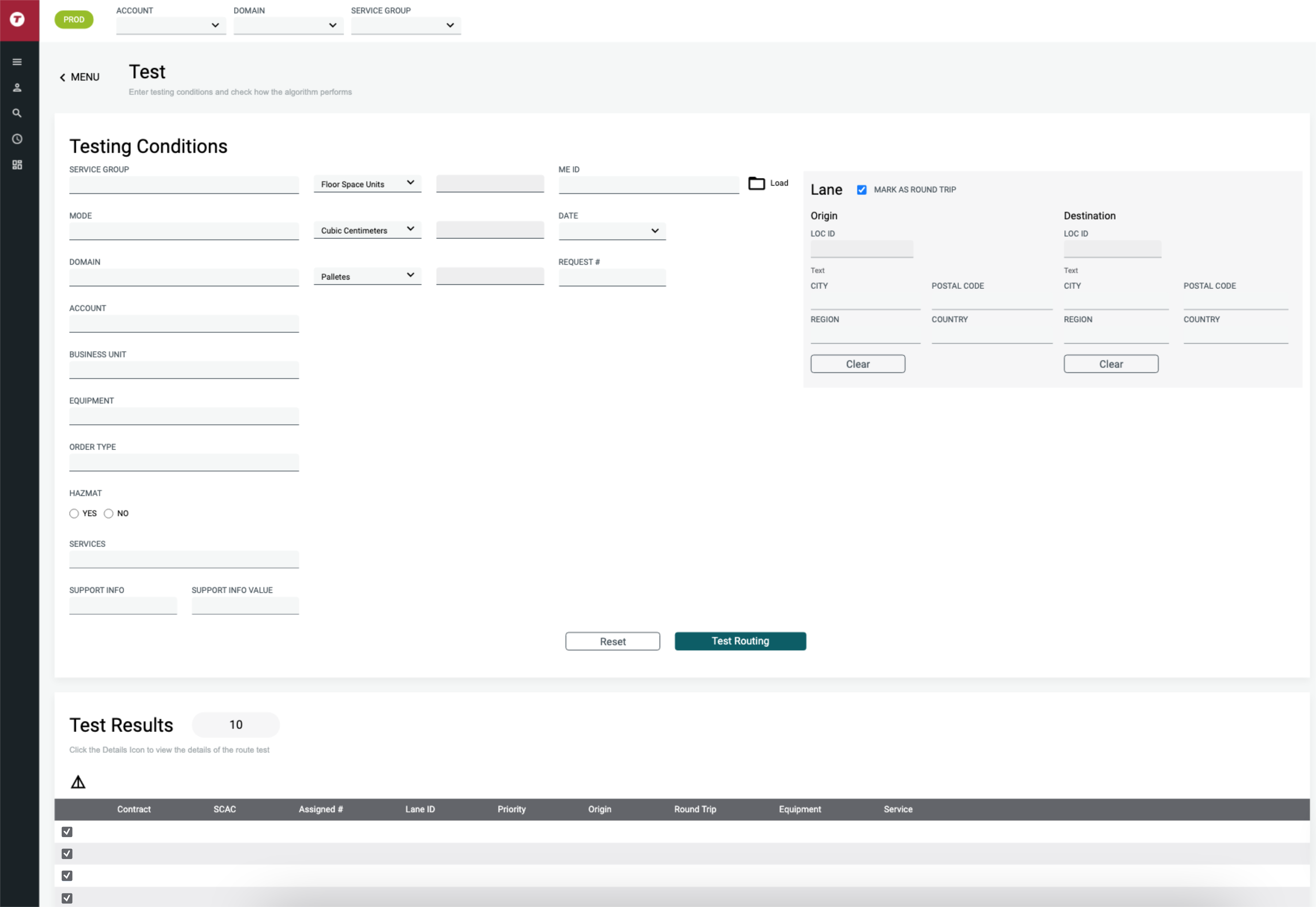 Test routing conditions