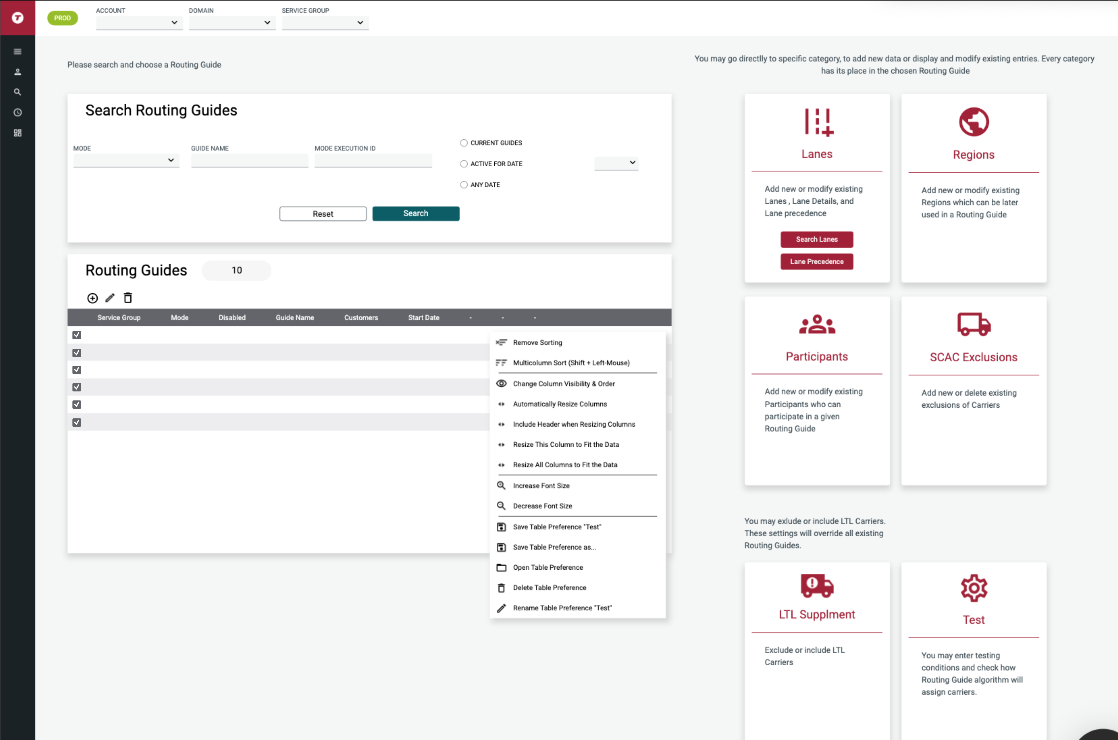 Transplace routing guide workspace